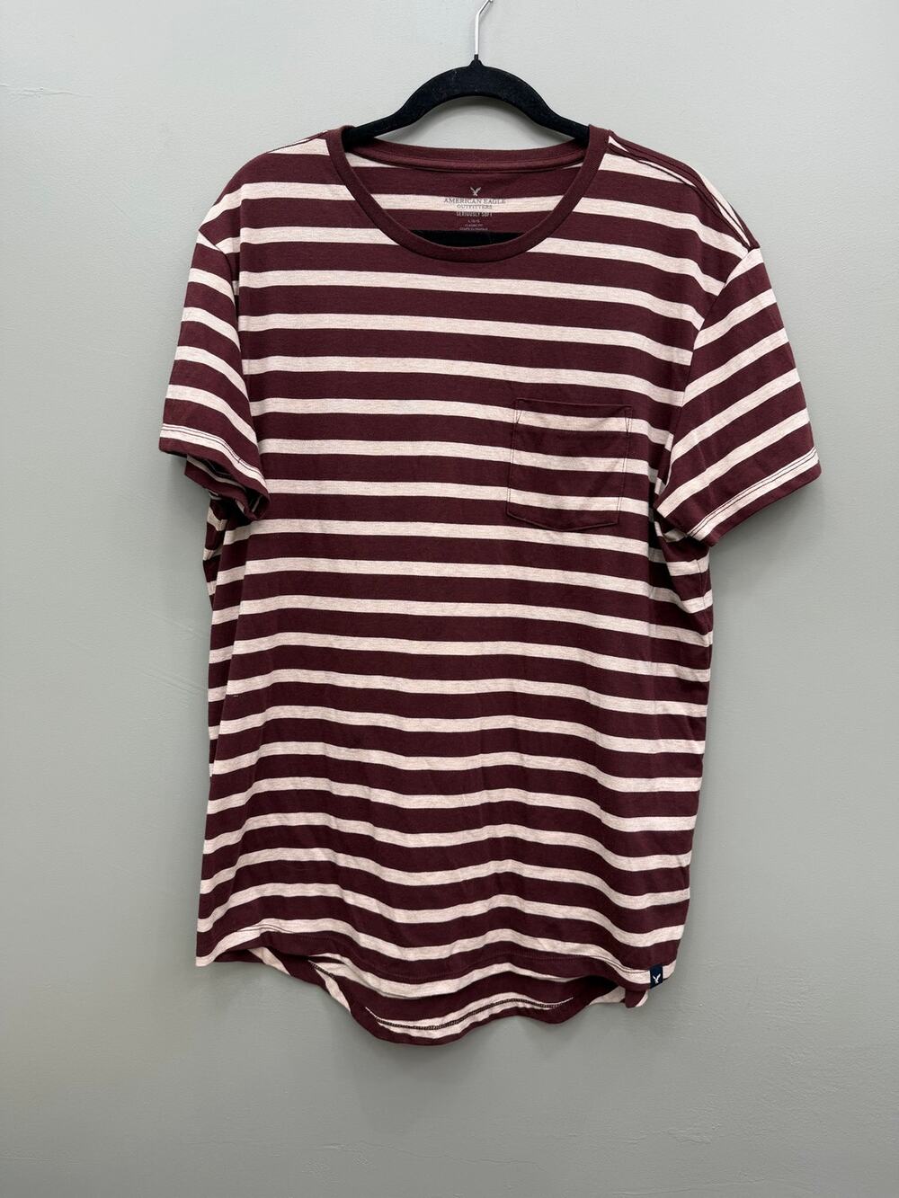 American Eagle Men’s Large Seriously Soft Burgundy Striped Pocket Tee